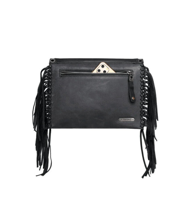 Black Tooled Leather Fringed Crossbody RLL-023BK