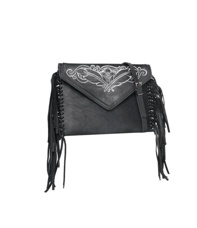 Black Tooled Leather Fringed Crossbody RLL-023BK