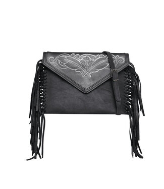 montana west Black Tooled Leather Fringed Crossbody RLL-023BK