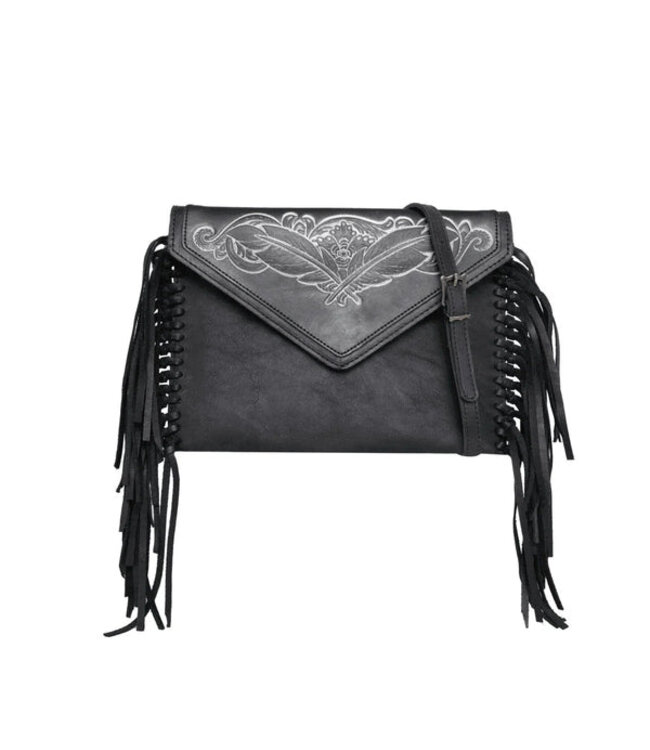 Black Tooled Leather Fringed Crossbody RLL-023BK