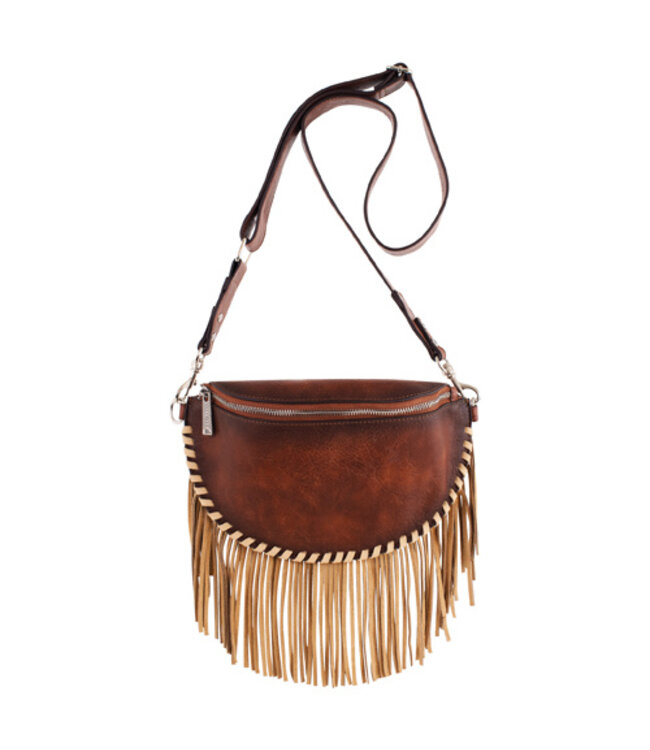 RED DIRT HAT CO LADIES SLING POUCH TAN W/WHIPSTITCH AND FRINGE