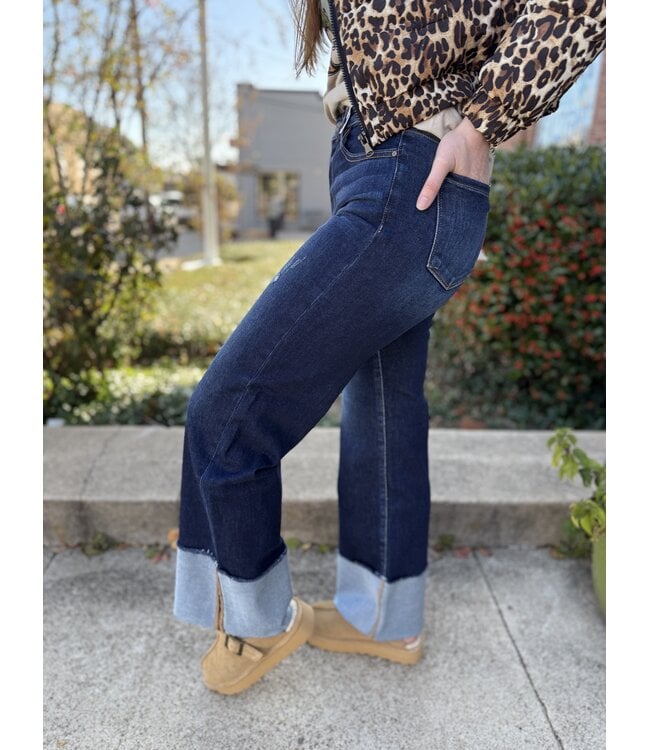 Deep Blue High Rise Ankle Wide Cuffed Jeans RDP5719