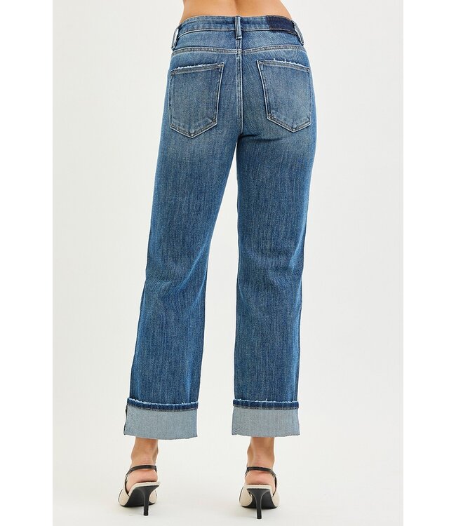 4 Way Stretch Slouchy Straight Jeans Cuffed Hem PSC21468