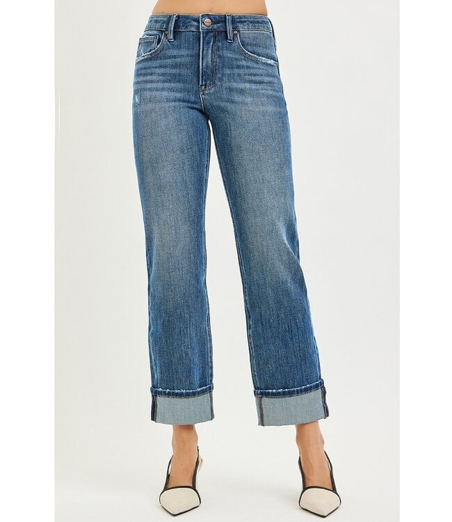 4 Way Stretch Slouchy Straight Jeans Cuffed Hem PSC21468