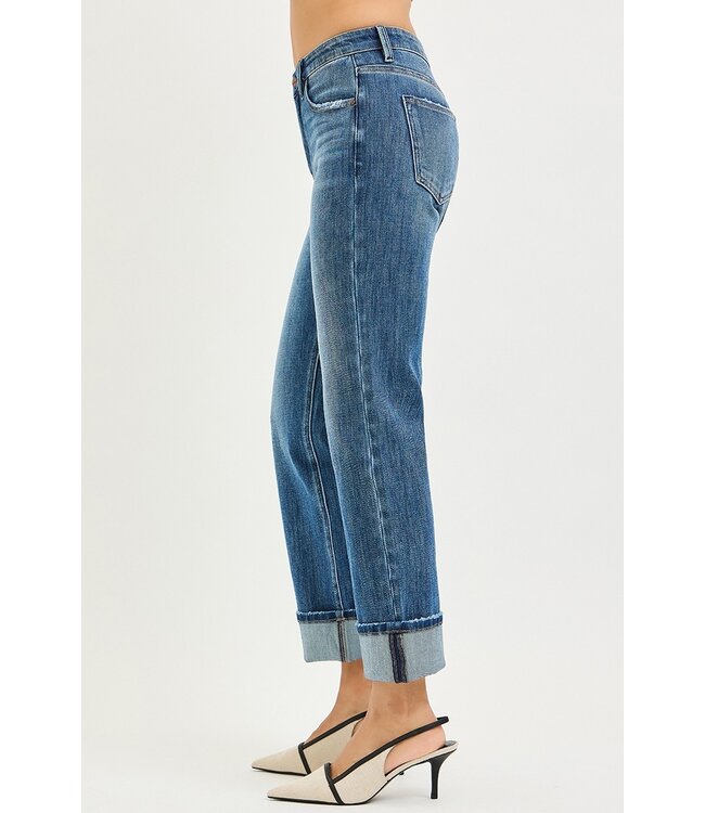4 Way Stretch Slouchy Straight Jeans Cuffed Hem PSC21468
