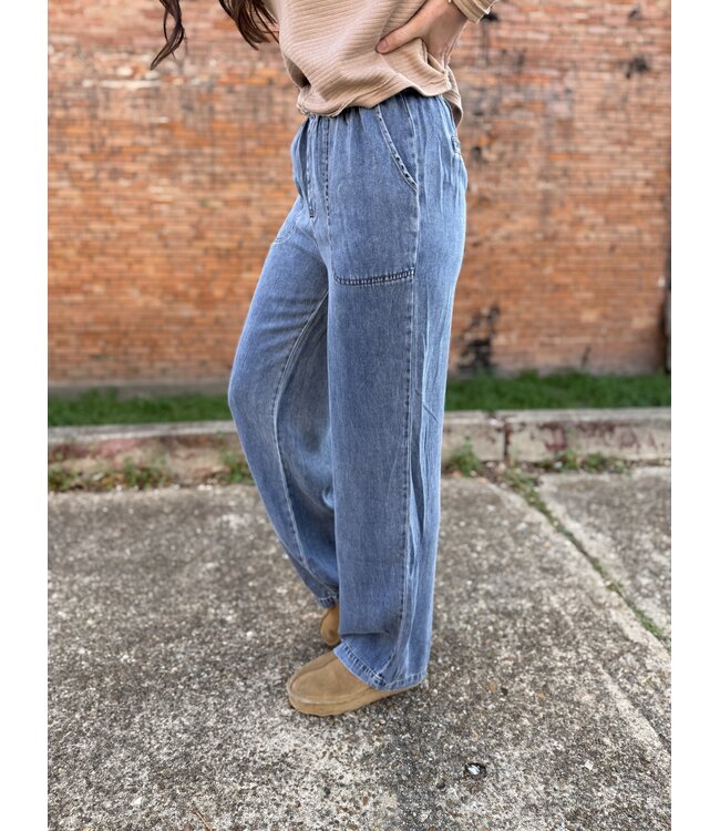 Chambray Elastic Waist Wide Leg Pants TW2057