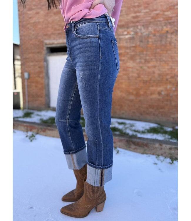 High Rise Straight Jeans With Distressed Hem PSC21527