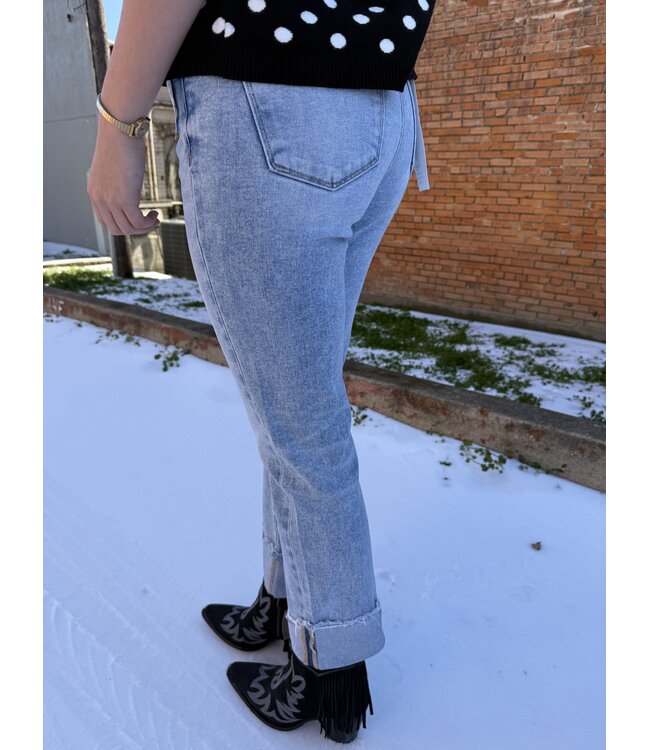 Light Wash High Rise Crop Straight Cuffed Jeans RDP5877