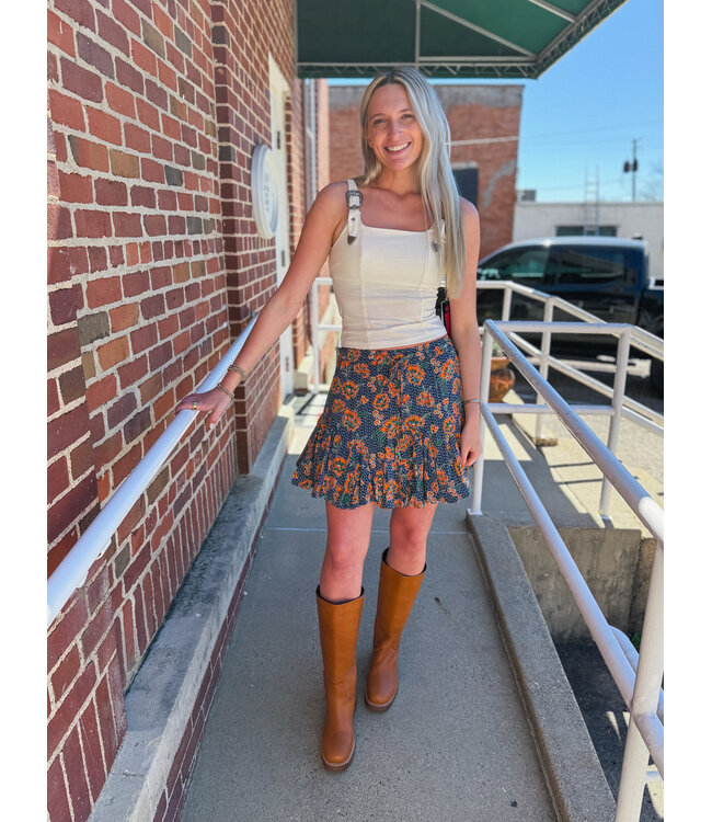 BW69B08086 Floral Print Godet Skirt