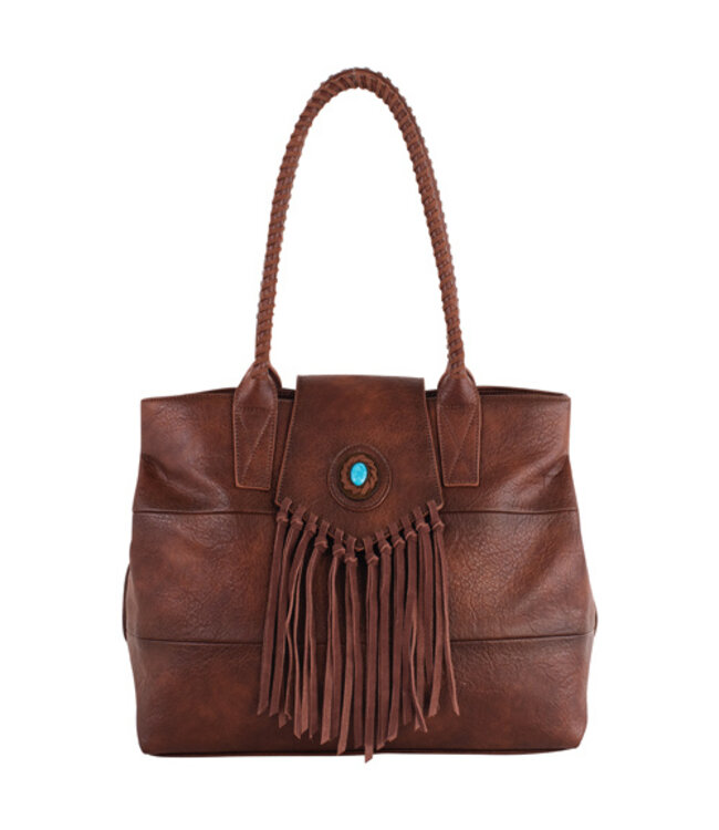 2520859021 JUSTIN LADIES TOTE BROWN W/FAUX TURQUOISE CONCHO