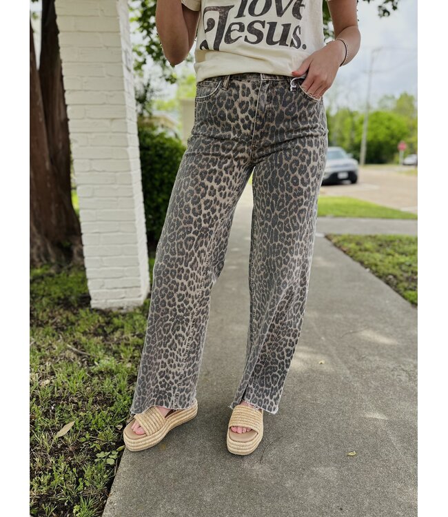 High Rise Wide Leg With Side Seam Leopard Pants F9190LPD