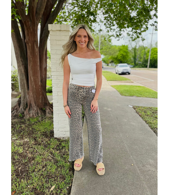 High Rise Wide Leg With Side Seam Leopard Pants F9190LPD