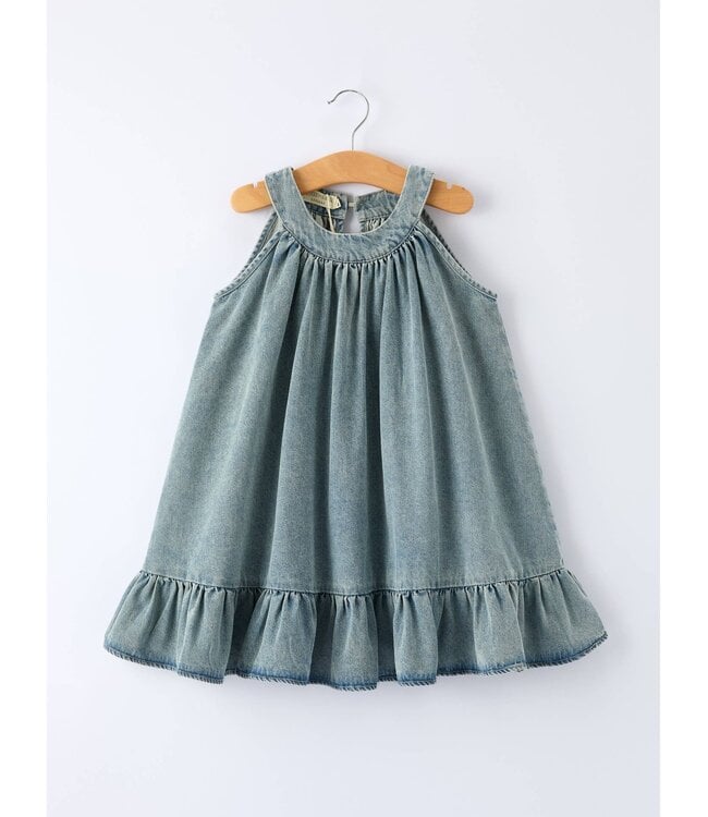 Girls Denim Ruffle Trim A-Line Dress