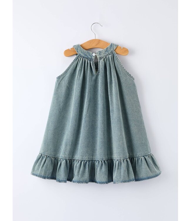 Girls Denim Ruffle Trim A-Line Dress