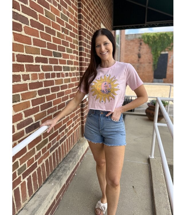 Flower Sun Moon Graphic Crop T-shirt