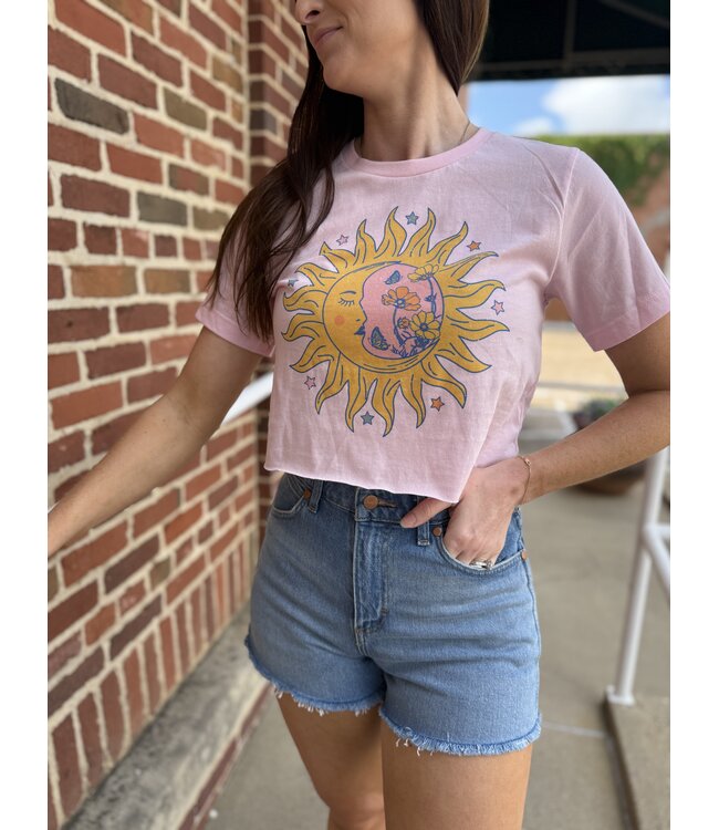 Flower Sun Moon Graphic Crop T-shirt