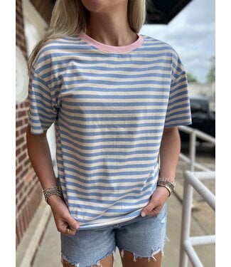 pretty bash Sky Blue Stripe Drop Shoulder Tee