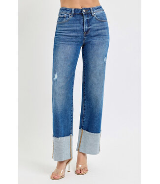 Risen High Rise Ankle Wide Cuffed Jeans Dark  RDP5719