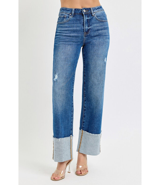 High Rise Ankle Wide Cuffed Jeans Dark  RDP5719