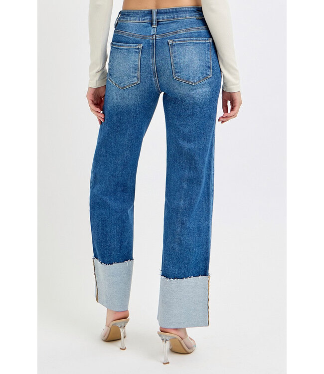 High Rise Ankle Wide Cuffed Jeans Dark  RDP5719