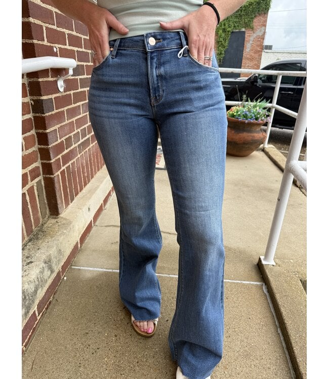 Mid Rise Flare Raw Cut Hem Jeans RDP5835