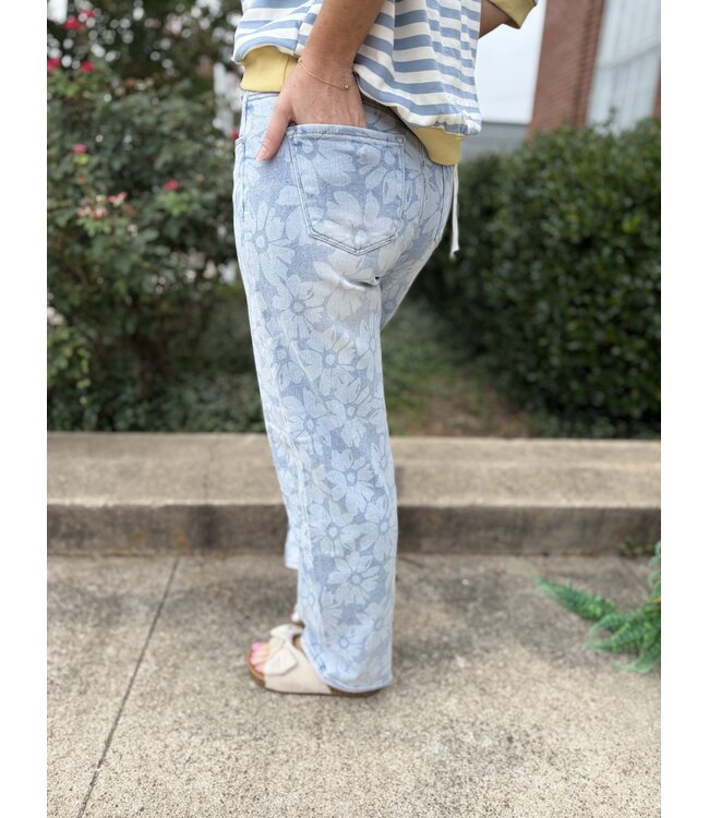 High Rise Wide Baggy Jeans With Floral Print PG21580