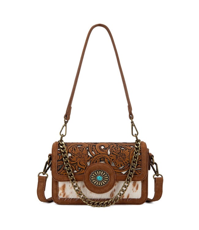 TR205-888BR Trinity Ranch Cowhide Floral Cutout Crossbody Bag - Brown