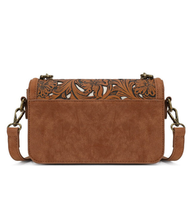 TR205-888BR Trinity Ranch Cowhide Floral Cutout Crossbody Bag - Brown
