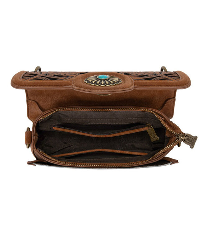 TR205-888BR Trinity Ranch Cowhide Floral Cutout Crossbody Bag - Brown