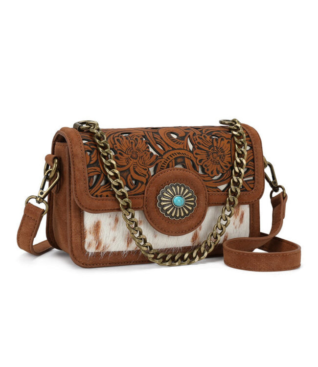 TR205-888BR Trinity Ranch Cowhide Floral Cutout Crossbody Bag - Brown