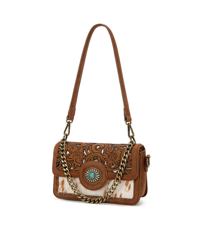 TR205-888BR Trinity Ranch Cowhide Floral Cutout Crossbody Bag - Brown