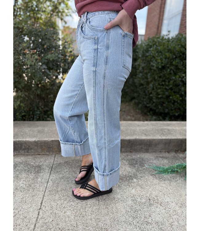Denim Super High Rise Cuffed Baggy Wide Jeans T6515