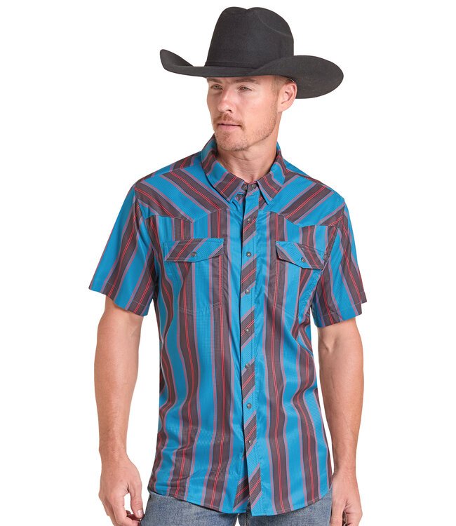 BMN3S09453 TEK STRIPE PRINTED SS SNAP TEAL