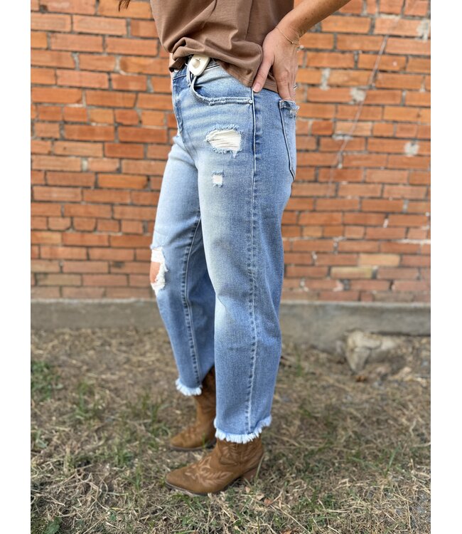 High Rise Crop Barrel Distressed Jeans PGC21881