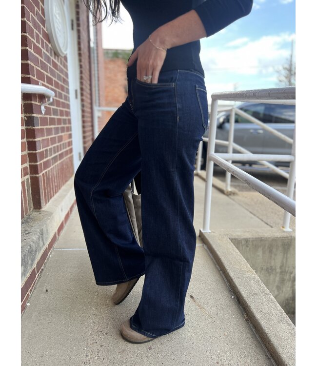 Mid Rise Dark Wash Trouser Fold Wide Jean V3786