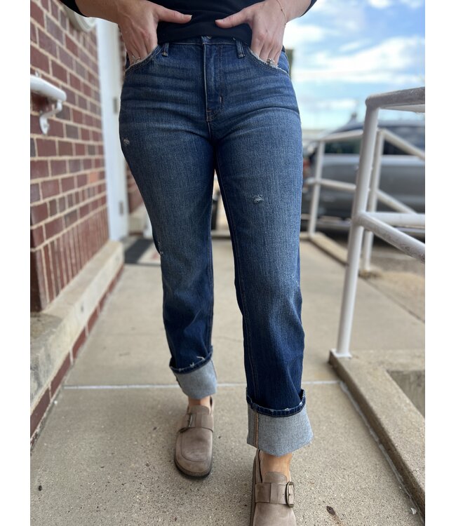 Mid Rise Full Length Medium Dark Wash Straight Jeans T7310