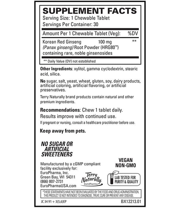Europharma Terry Naturally Red Ginseng Energy HRG80™ Easy Chew Tablets 30 ct
