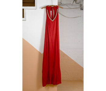 Beaded Neckline Red Jersey Dress