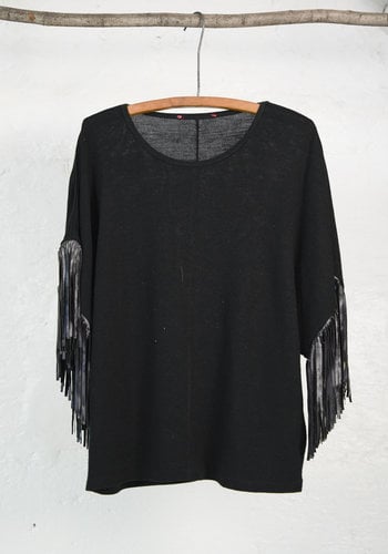 Black Knit Top with Fringe Sleeves