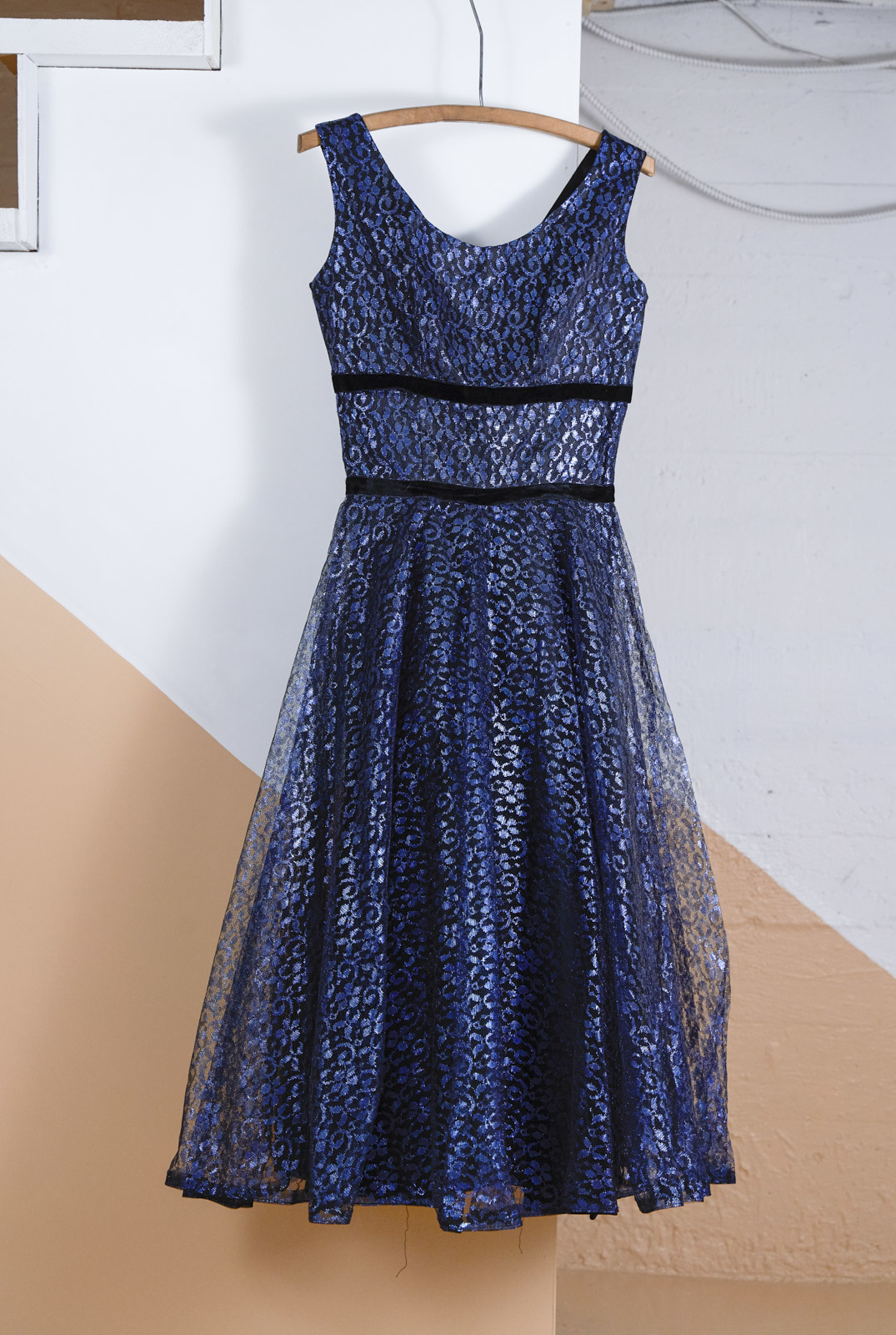 Blue Metallic Lace A-Line Party Dress