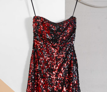 Black and Red Sequin Strapless Dress