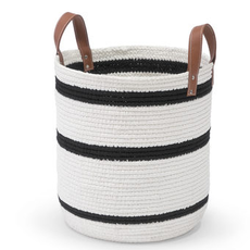 MH Basket - Roscoe - White & Navy - Leather Handles - 14.5 D x 19.5 H