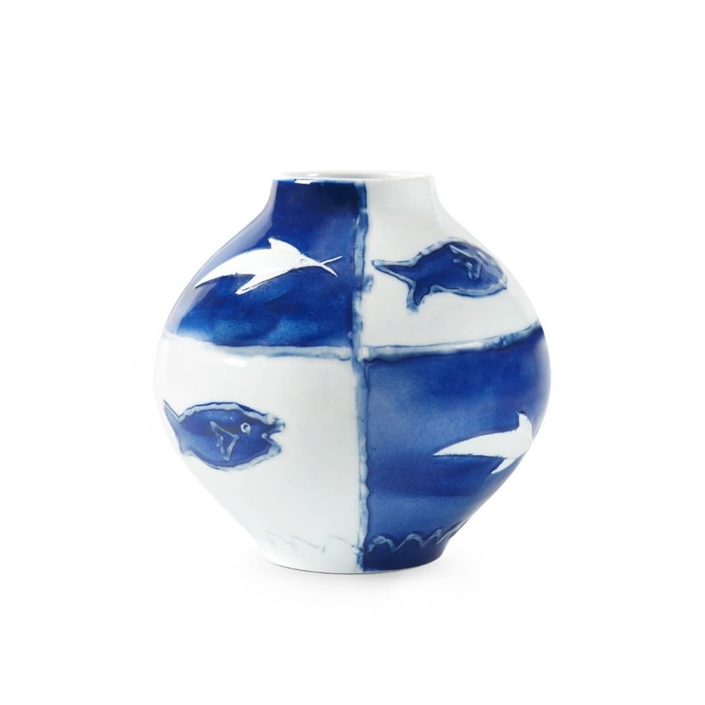 MH Vase - Malaga - Blue & White Fish - 9.5"W x 9"H