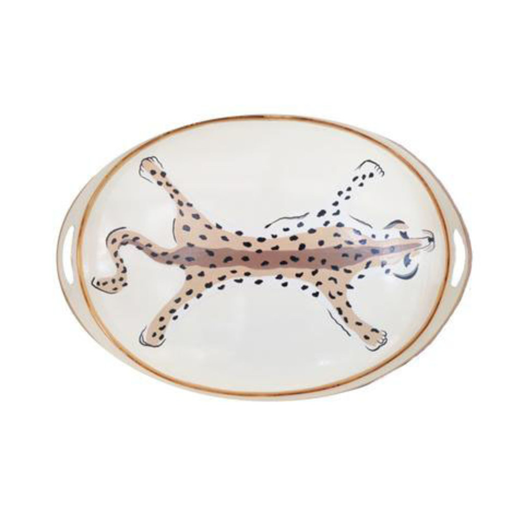 MH Tray - Handled - Tole/Oval - Leopard - Small - Cream - 20x14x2.5