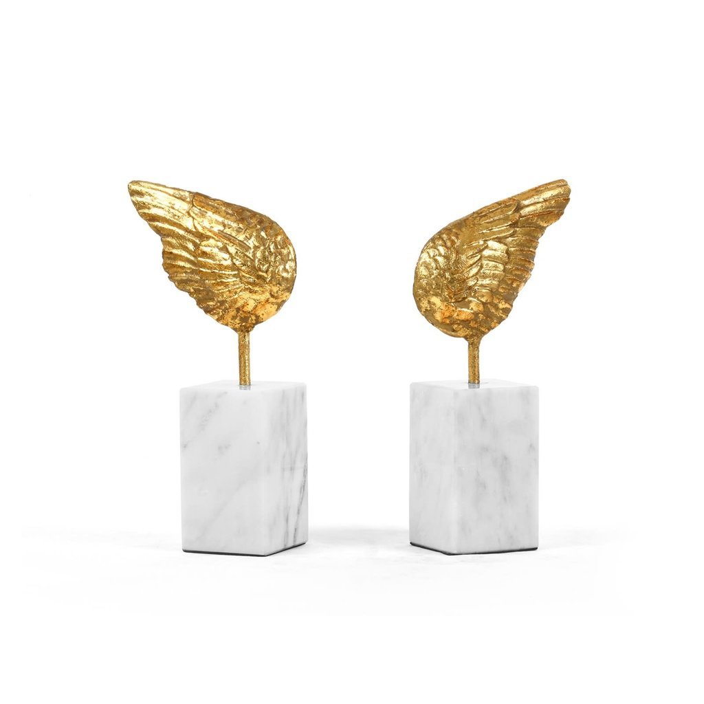 MH Statue - Wings Statue - S/2 - Gold Leafed Iron on Marble - 5.5W x 3D x 10.5H