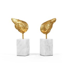 MH Statue - Wings Statue - S/2 - Gold Leafed Iron on Marble - 5.5W x 3D x 10.5H