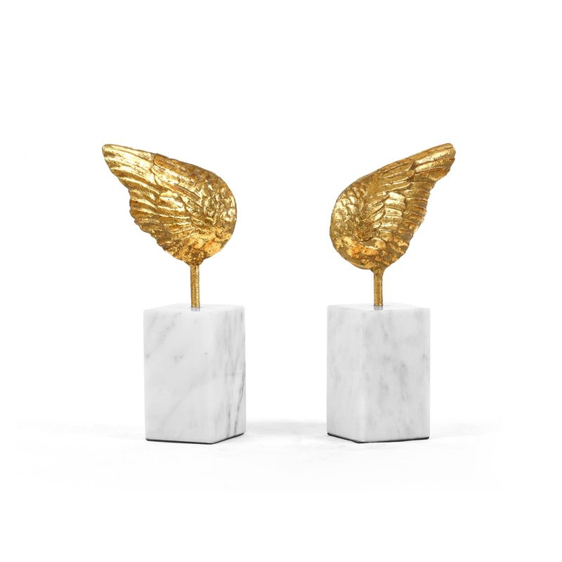 MH Statue - Wings Statue - S/2 - Gold Leafed Iron on Marble - 5.5W x 3D x 10.5H