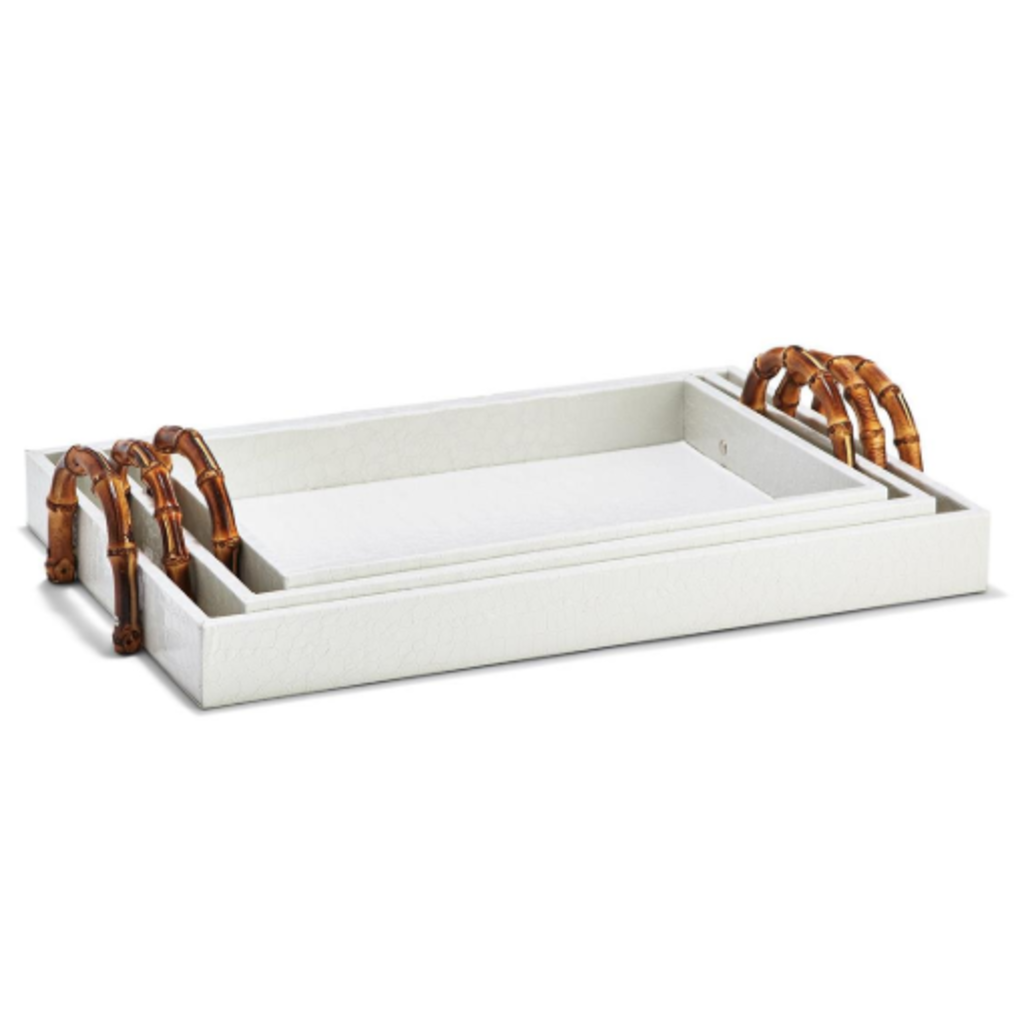 MH Tray - White Faux Croc w/Bamboo Handles -