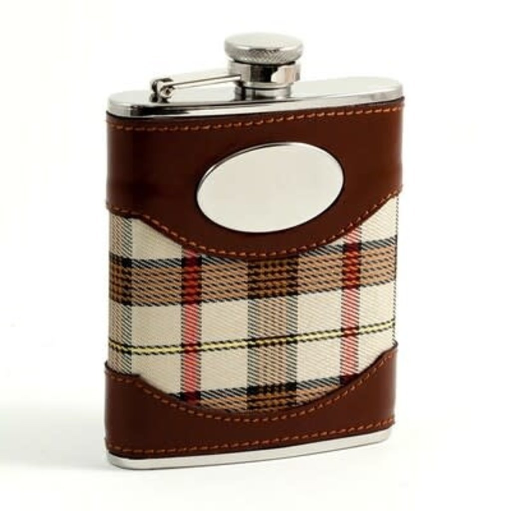 MH Flask - Brown Leather & Beige Plaid - Stainless 6 oz