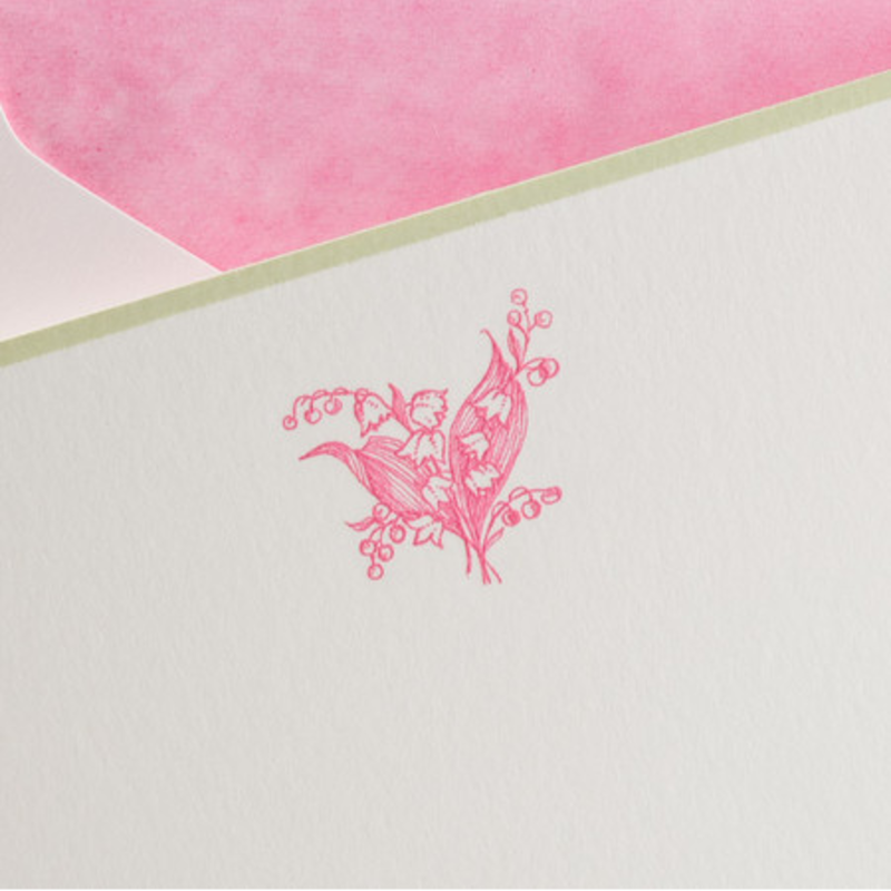 MH Boxed Notecards - Lily of the Valley - Hot Pink on White w/Green Border
